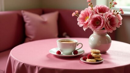 A relaxing morning scene featuring a cup of coffee, delicate pink blossoms, and sweet biscuits on a pink tablecloth