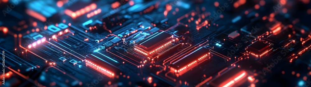 Poster Futuristic neon lit circuit board with glowing microchips wiring and digital patterns evoking a sense of advanced technology innovation and the future of computing and intelligence