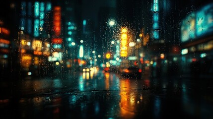 Obraz premium Bustling cityscape at night under rainy weather with glowing street lights illuminating