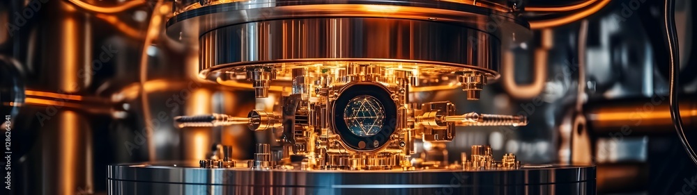 Poster Futuristic quantum computer technology digital art concept  Glowing spherical device with abstract patterns circuit boards and symbols representing intelligence scientific innovation