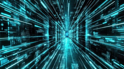 Futuristic digital tunnel with glowing blue lines and abstract data patterns in motion
