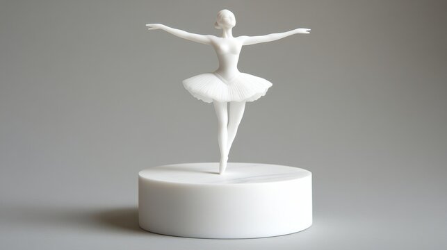 White ballerina figurine on a round base against a gray background. The ballerina is posed with arms outstretched, showcasing elegant details. The