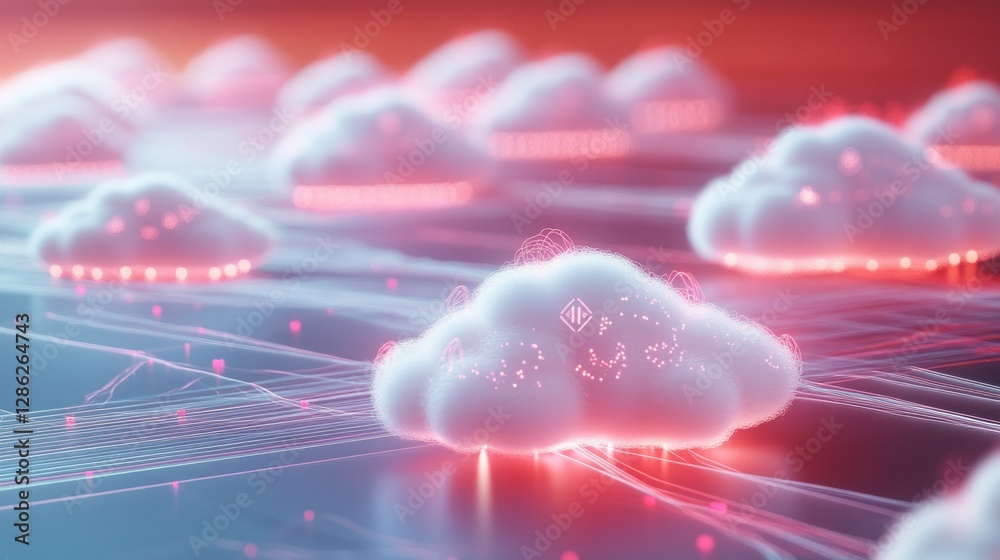 Sticker digital clouds interconnected with glowing lines, set against a vibrant abstract background