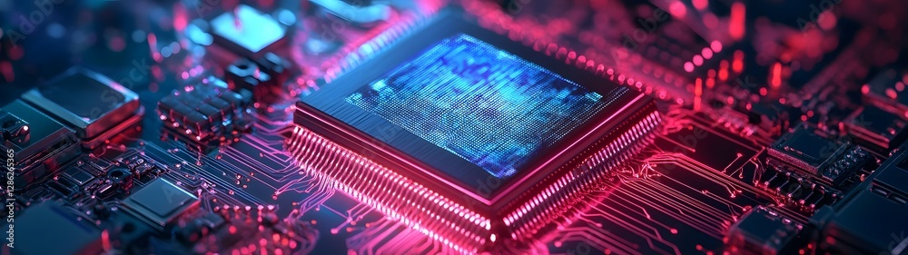 Poster Futuristic red and blue microchip circuit board with technological details representing advanced computer intelligence and high tech innovation