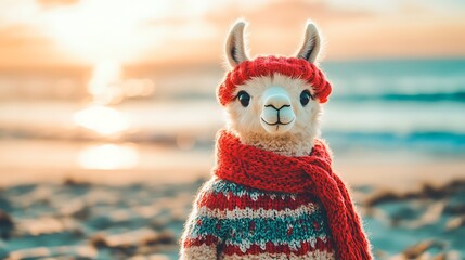 Fototapeta premium A cute stuffed llama plushie in a festive holiday sweater and scarf on beach background