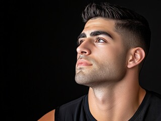 Fototapeta premium Focused young man with sharp facial features and defined jawline wearing black sleeveless athletic top looking to the side in high contrast dramatic sports portrait