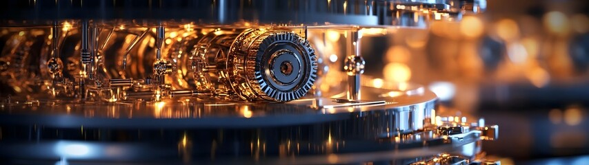 Gleaming gears and intricate clockwork machinery reflecting the illumination of a futuristic city skyline at night  A complex abstract mechanical background with a retrofuturistic industrial vibe