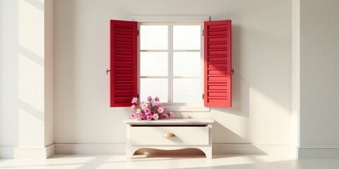 Fototapeta premium Bright sunlight streams through open red shutters illuminating a small white chest of drawers adorned with a bouquet of pink flowers