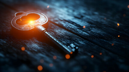 An antique key rests on a wooden surface, glowing with mystical light, evoking mystery and the essence of hidden secrets.