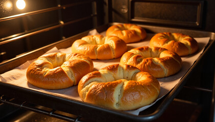 Freshly baked bagels in oven