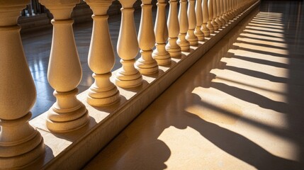 A series of timeworn stone balusters displays intricate carvings, highlighted by warm sunlight, casting long shadows onto the aged marble surface in the evening