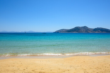 Ano Koufonisi. Finikas beach with sand and azure sea water. Small Cyclades, Greece