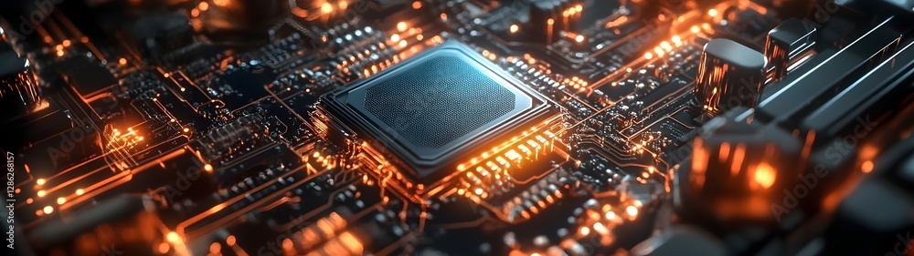 Leinwandbilder Glowing Circuitry Intricate Electronic Patterns in Illuminated Tech Background   Futuristic and high tech close up view of a complex circuit board with illuminated microchips data channels