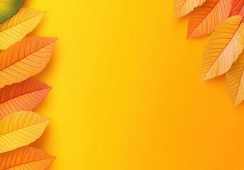 Fototapeta premium Autumn leaves border on yellow background. Vibrant fall foliage arranged on bright orange surface. Space for text or design