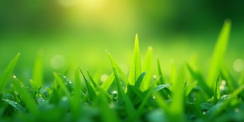 Obraz premium Vibrant Green Blades of Grass Glistening with Morning Dew Under the Warm Sunlight, a Close-Up View of Nature's Serenity