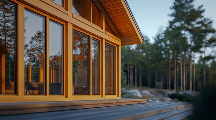 Modern Wooden Cabin with Large Windows Overlooking Forest Landscape