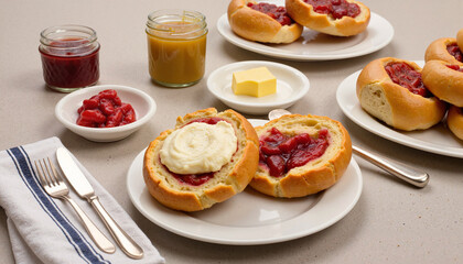 Breakfast rolls with jam and butter on a neutral background
