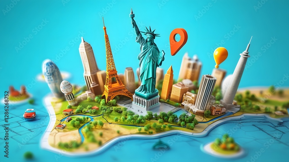 Poster miniature model of famous world travel landmarks and tourist attractions on a map with navigation po