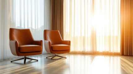 A pair of stylish orange chairs bask in the soft sunlight pouring through sheer curtains, creating a serene and harmonious living space for relaxation and conversation.