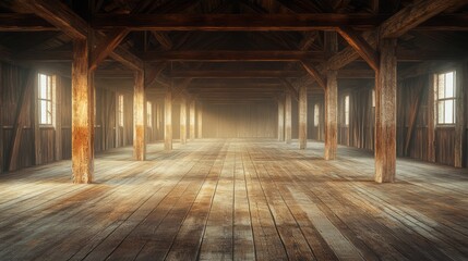 Vast empty wooden warehouse interior with light streaming through windows