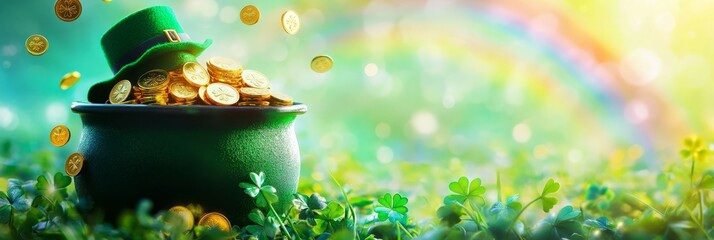 Golden coins overflowing from a pot with shamrocks at the end of a rainbow, representing irish folklore, luck, and wealth, with space for text