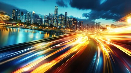 Fototapeta premium City Skyline at Night with Streaks of Light and Water Reflection