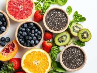 Naklejka premium Chia seed health benefits bright kitchen overhead shot natural light fresh fruits and seeds healthy lifestyle