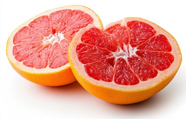 Two halves of a ruby red grapefruit, showcasing juicy segments and a vibrant color against a bright white background. The image is sharply focused