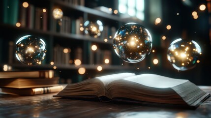 An open book surrounded by shimmering bubbles, revealing a celestial theme that invites curiosity and wonder about the universe contained within.