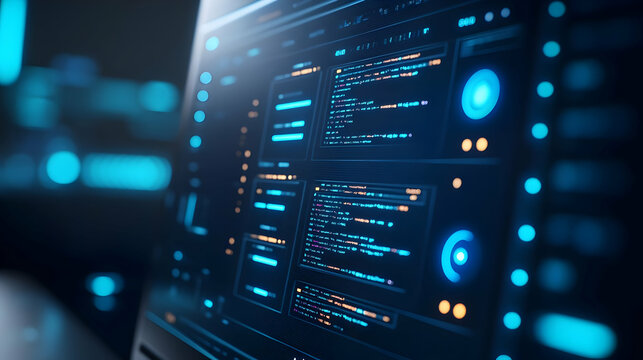 A close-up of a modern computer interface displaying code and digital elements in a futuristic blue theme.