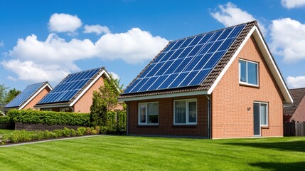 Obraz premium Two brick houses with solar panels on their roofs on a sunny day. Lush green lawn surrounds the houses