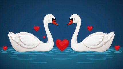 Fototapeta premium Pixel art illustration of two white swans facing each other on dark blue water, surrounded by red hearts. Romantic digital art