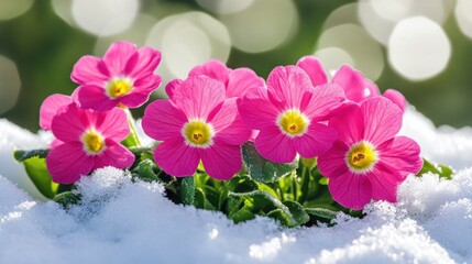 Vibrant Pink Primrose Blooms Emerging From Snow in Early Spring