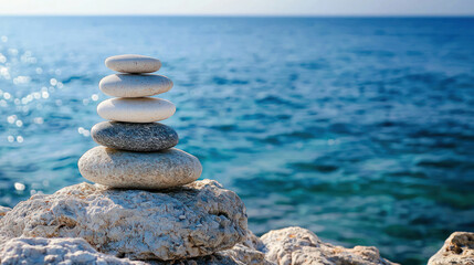 Fototapeta premium Balanced stones on rocky shore by serene ocean, symbolizing tranquility and harmony
