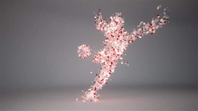 small 3d spheres create a football player and he shoots the ball towards the camera.red and white balls with white background
football world cup