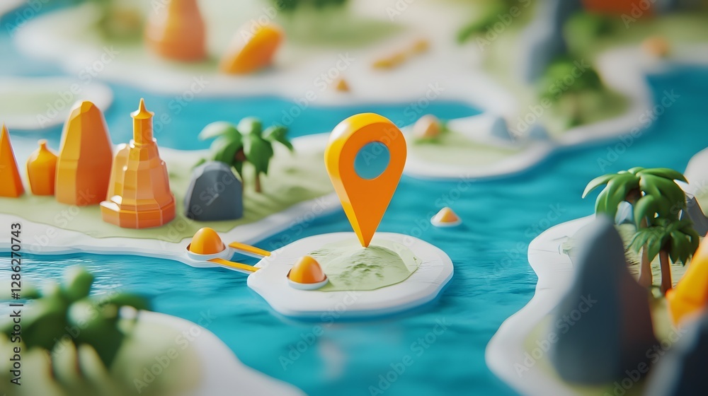 Poster miniature toy model of a tropical island landscape with navigation map pins representing a travel de