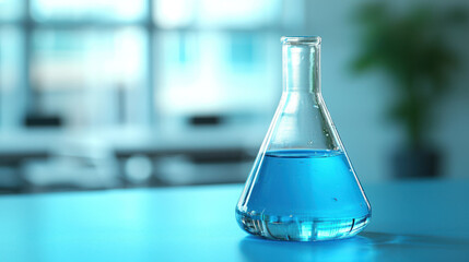Laboratory flask with blue liquid on table in bright environment