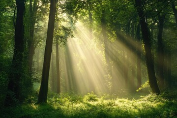 Obraz premium sun rays through the forest.