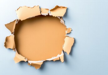Ripped hole in light blue paper revealing a tan background. Irregular, jagged edges.  Overhead studio shot