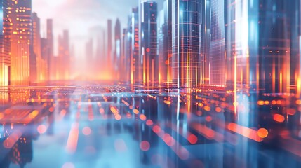 A futuristic city scape with glowing lines and lights.