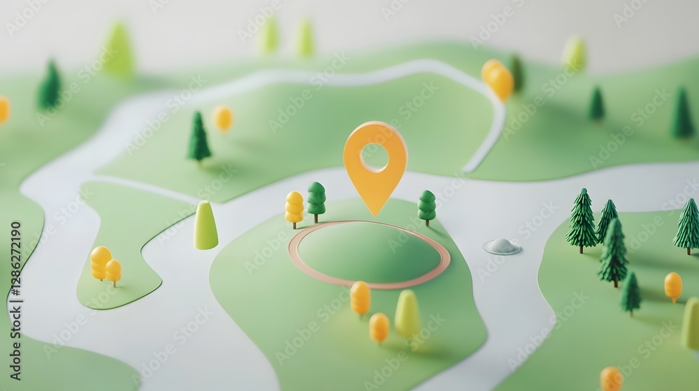 Fototapete minimalist 3d map with location pin marker on a stylized grassy landscape with hills mountains and t