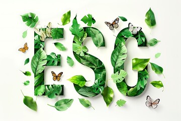 Creative A delicate "ESG" design, with Green Leaves and Butterflies for Sustainability