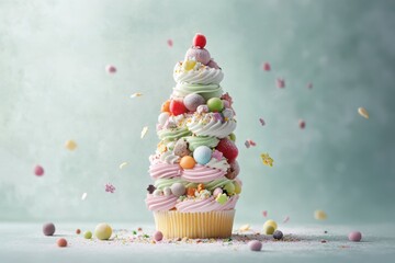 Colorful Cupcake Shaped as a Christmas Tree with Pastel Frosting and Candies on Mint Green Backgrounds And Decorations On A Light Green Background. Edible Christmas Tree Dessert With Colorful