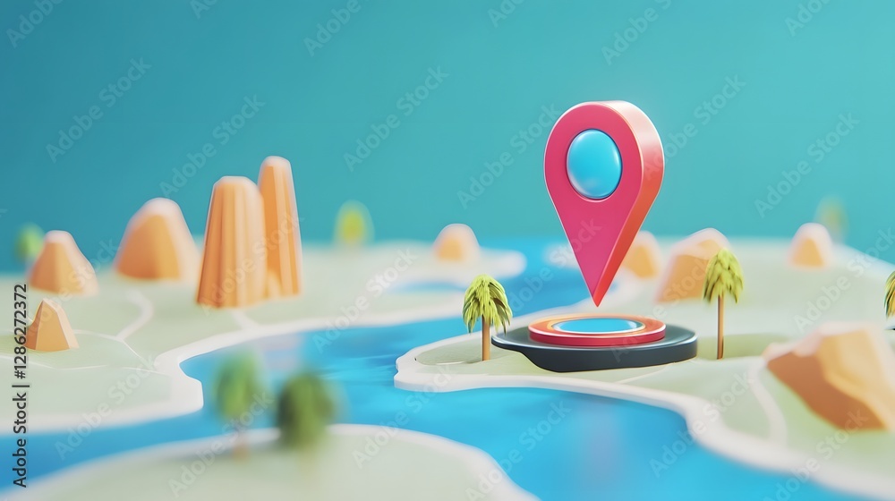 Fototapete Minimalist 3D rendering of a navigation GPS location pin pointer icon on a geometric textured background  Concept for mobile app software digital technology business branding and marketing solutions