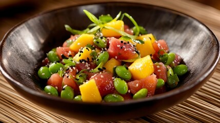 Colorful Fish Mango Edamame Salad in Dark Bowl with Sesame Seeds and Vegetables. Fresh and Vibrant Dish. Healthy and Savory Cuisine.  Perfect for Summer Dinners. Culinary Photography featuring Close