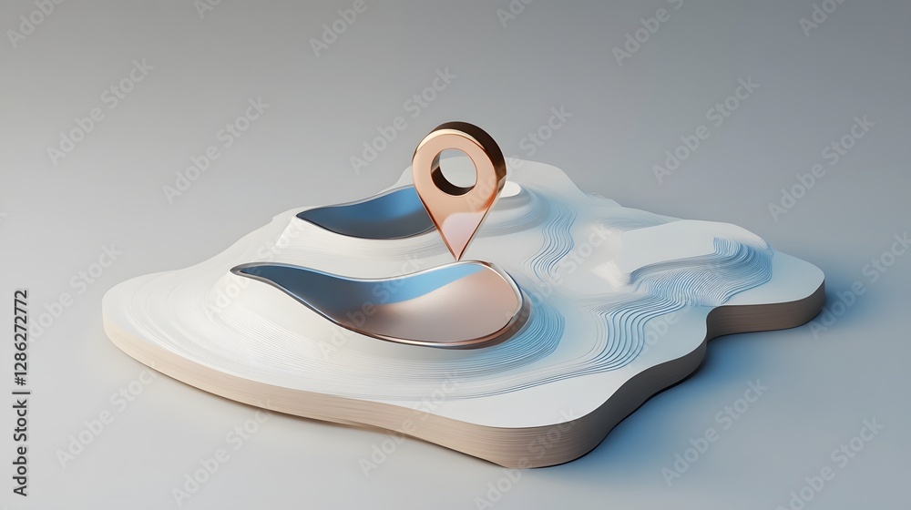 Fototapete Minimalist and modern digital featuring a floating abstract marker or pin icon on a dynamic wave like surface in a minimalist color palette of blue and white tones