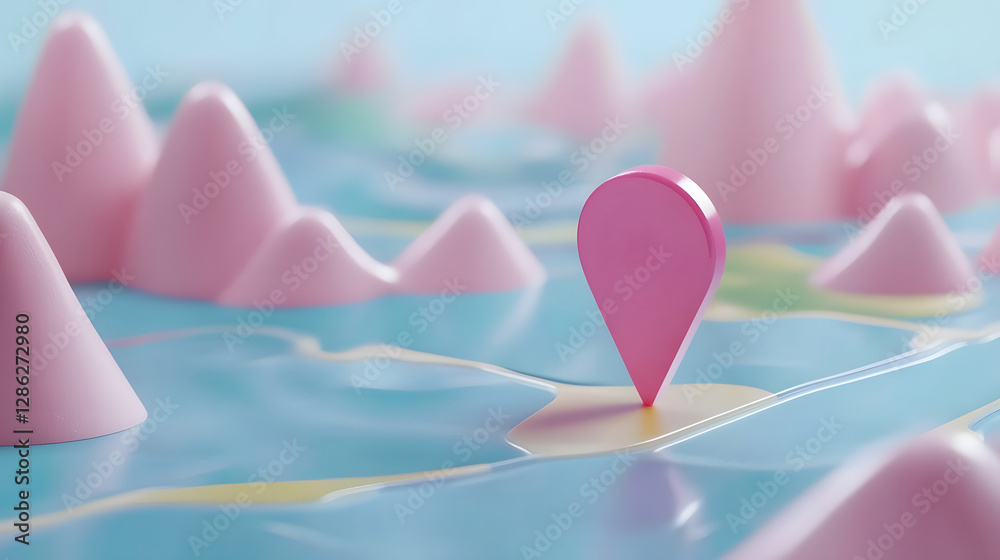 Leinwandbilder Minimalist digital art rendering of a vast pink mountainous landscape with a prominent geo location pin marker symbolizing navigation in a serene abstract environment