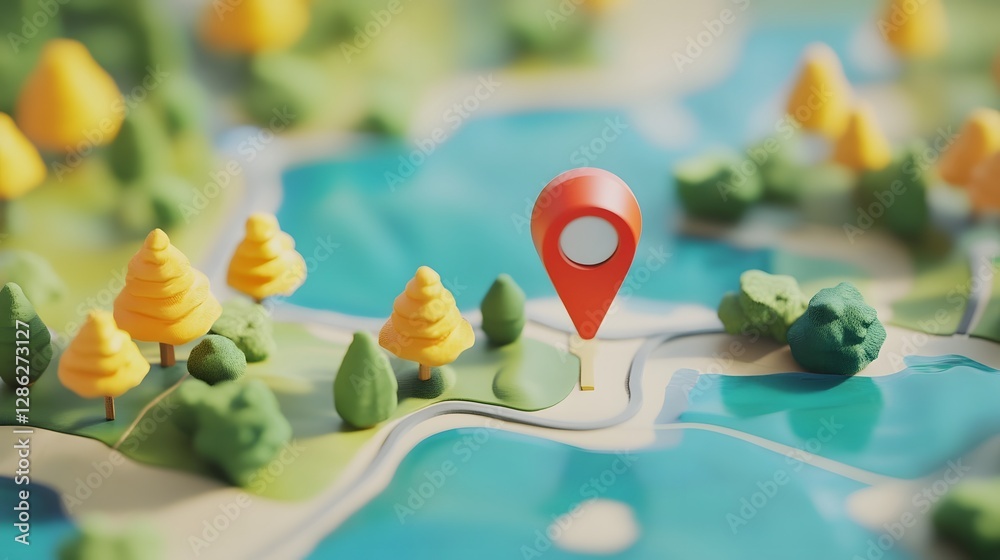 Poster Minimalist landscape map design with a red navigation marker pinpointed on a serene natural environment highlighting the concept of discovering new destinations