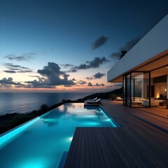 Fototapeta premium Luxury villa, infinity pool, ocean view, sunset, modern architecture, floor-to-ceiling windows