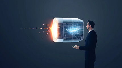 Businessman touch automated data management system to create reports with KPIs and indicators connected to the database. Data analysis with intelligent AI management system to create reports with KPIs